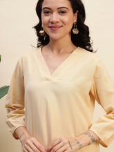 Cream Color Cotton Flax Fabric Regular Fit V-Neck Co-Ord Set for Women